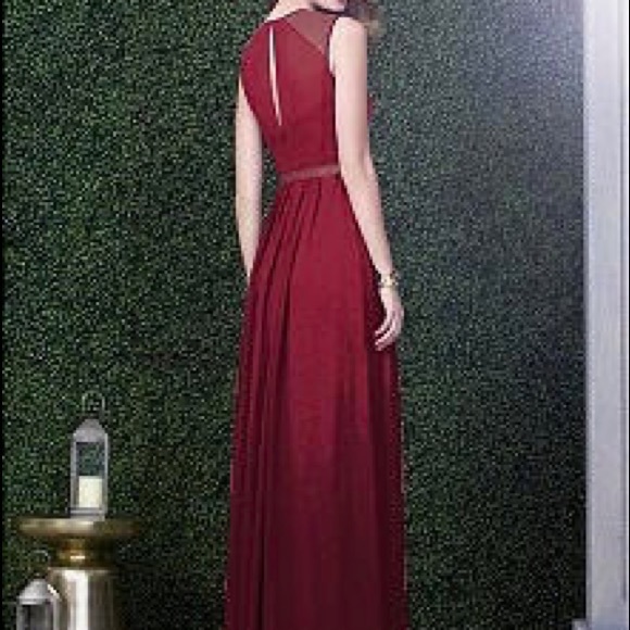 Dessy Burgundy Gold Lux Chiffon Bridesmaids Dress - Picture 2 of 8